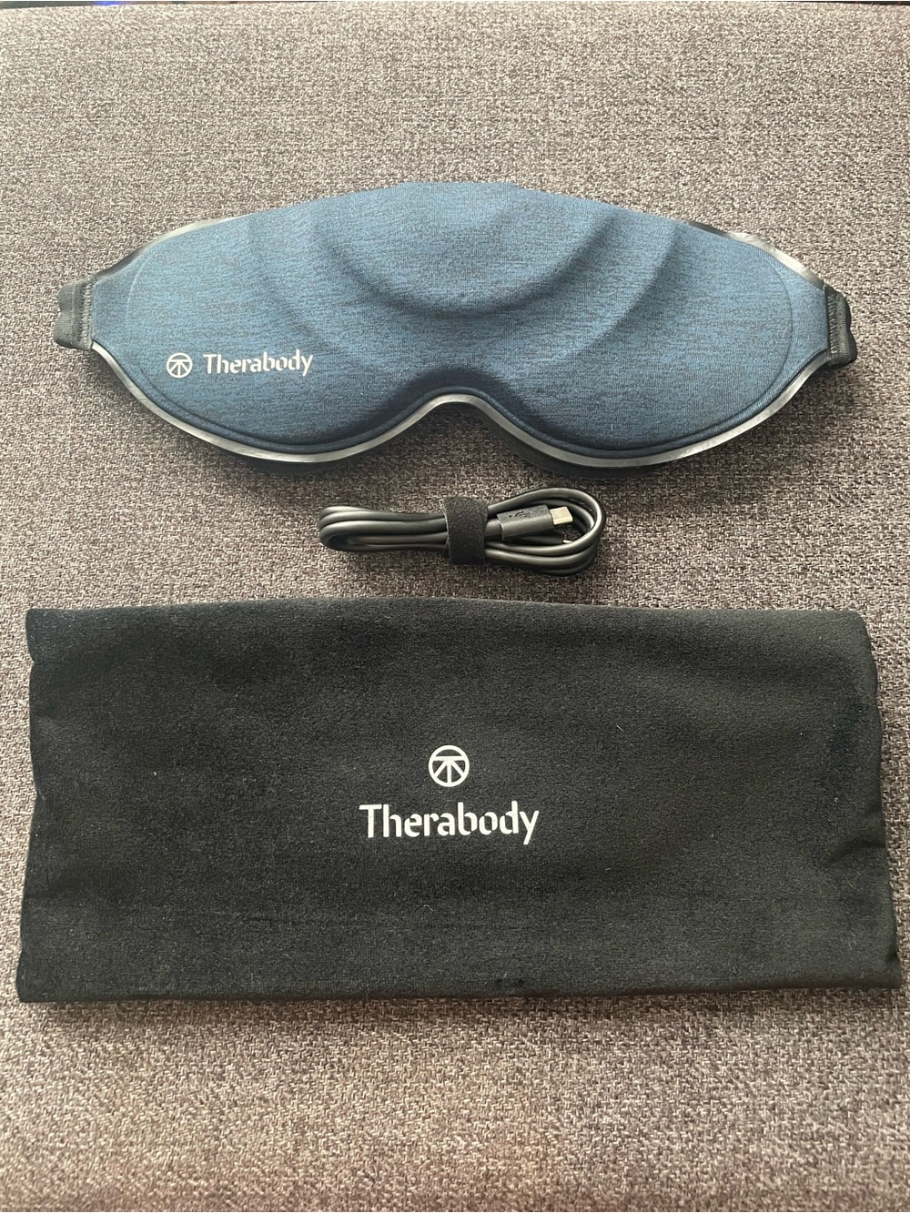 Therabody Blackout Vibrating Blue Sleep Mask with Pouch and Charger Cable